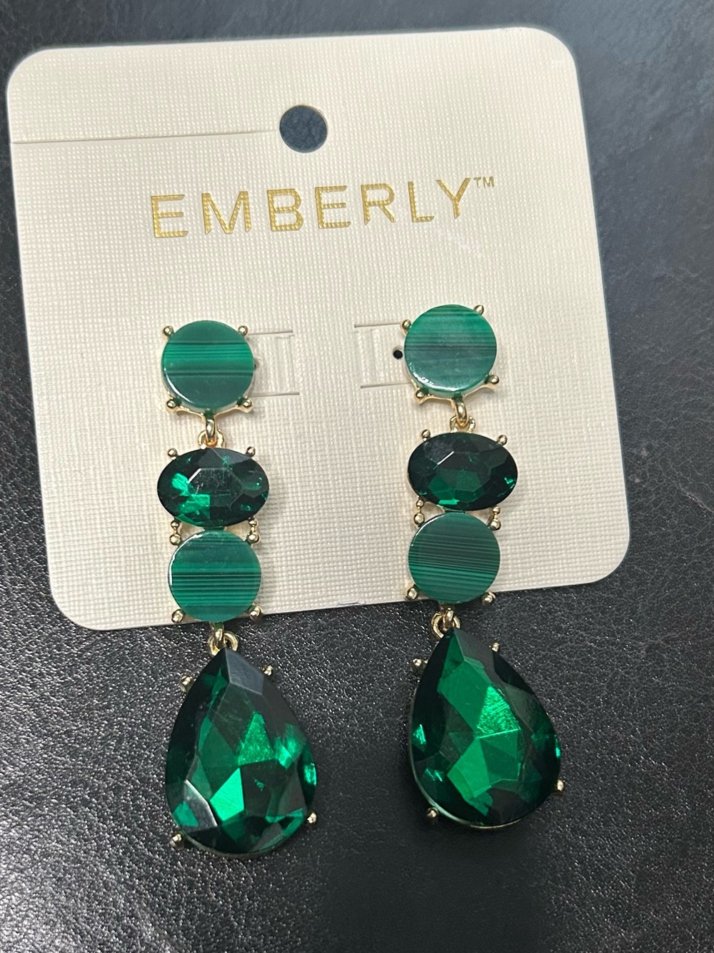 Emberly Emerald Green Teardrop Dangle Earrings - Gold Tone Setting